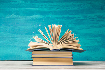 Vintage old hardback books. Education background. Back to school. Copy Space.