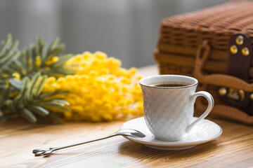 Mimosa, a wicker suitcase and a cup of coffee. The concept of home comfort. The concept of spring in the house and International Women's Day on March 8.