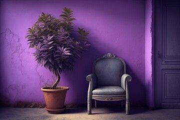 Illustration of lilac wall, armchair and potted plant. Generative AI