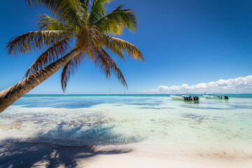 Boats and tropical beach in caribbean sea, Saona island, Dominican Republic