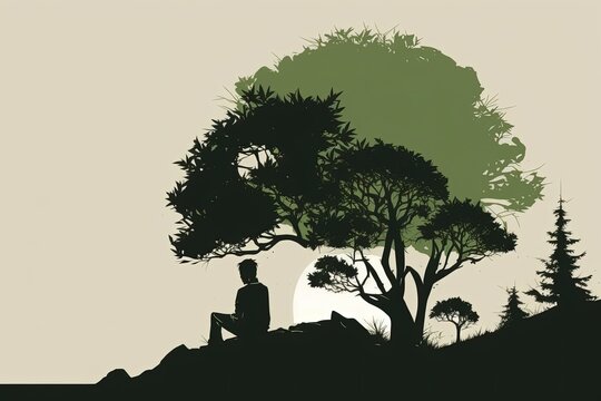 Illustration of a man sitting on a hill with a tree. Generative AI