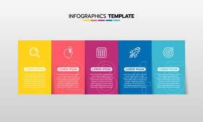 Business infographic template process with simple geometry square, rectangle, circle, triangle, curves in flat design template with thin line icons and 5 options or steps. Vector illustration.