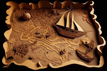 Pirate map illustration with ship made from paper cutout. Generative AI