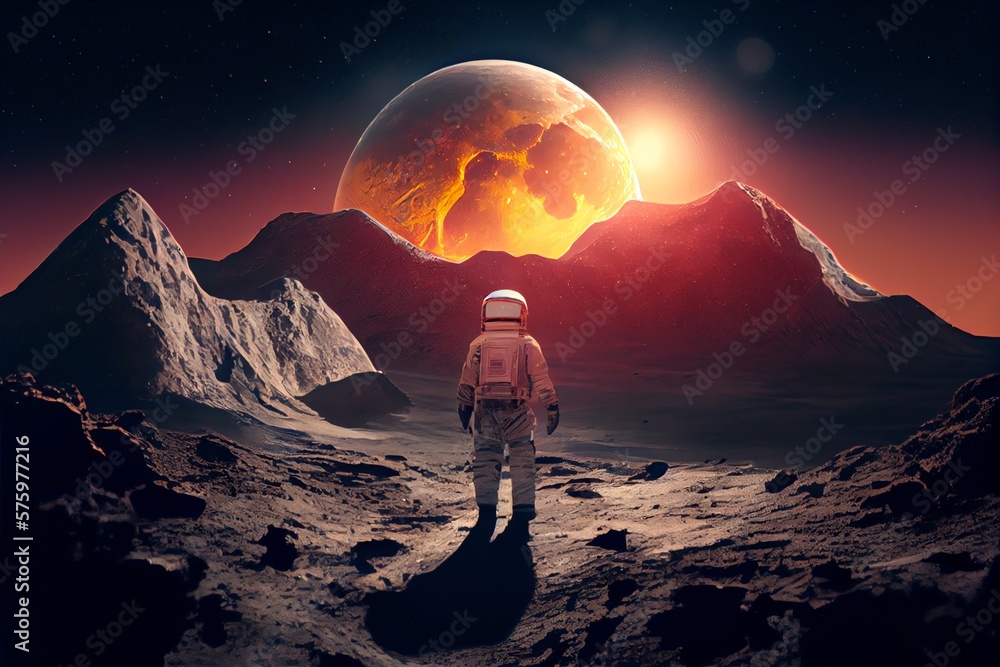 Wall mural astronaut exploring moon with mountains and sun, created using technology. generative ai