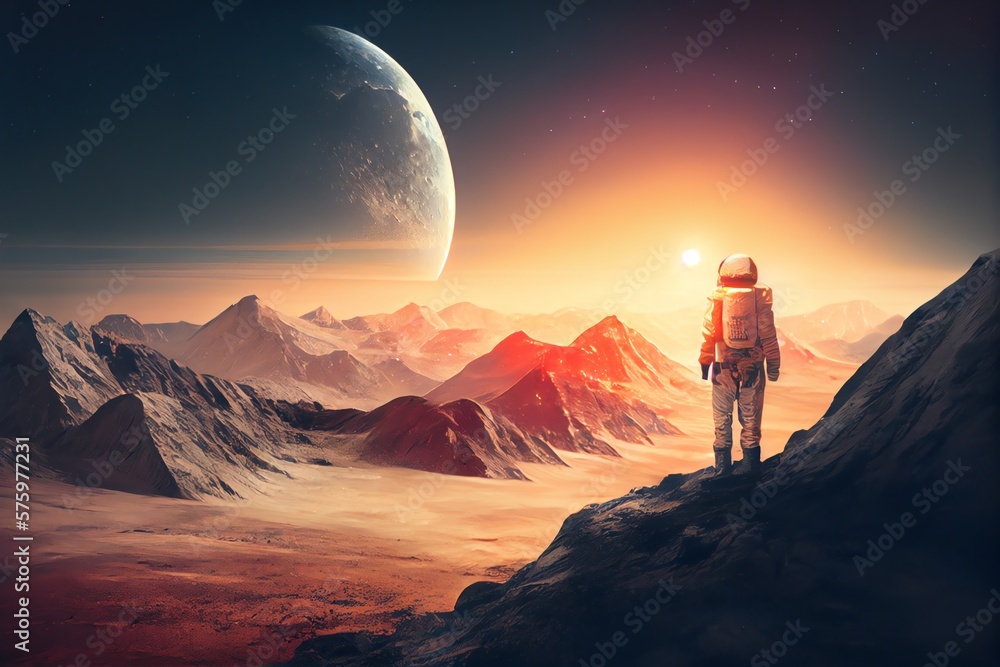 Wall mural astronaut exploring moon with mountains and sun, created using technology. generative ai
