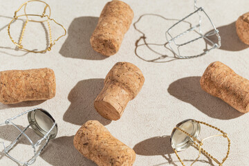 Creative composition made of champagne corks on beige sunlit background with shadow. Bottle caps...