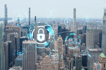 Naklejka na ściany i meble Aerial panoramic city view of Upper Manhattan and Central Park, New York city, USA. Iconic skyscrapers of NYC. The concept of cyber security to protect confidential information, padlock hologram