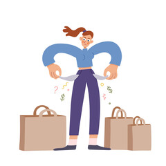 Frustrated young woman with empty pockets unhappy about money run out. Sad young female spend money on impulse buy, financial crisis. Vector illustration.