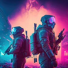 Fototapeta premium Illustration of a neon-lit, dystopian world, futuristic cyberpunk fighters and military forces armed with high-tech weapons and armor engage in combat.