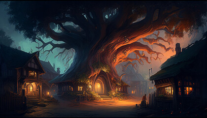 A village built among the roots of an enormous tree with a canopy overhead, cozy lighting, and an inviting mood. 