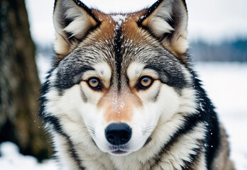 Wild Grey Wolf face close-up portrait in winter landscape. Generative AI.