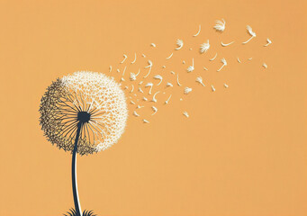 Dandelion seeds blowing in the wind on orange background