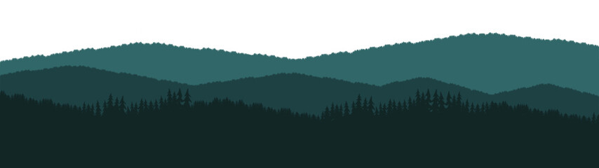 Forest blackforest vector illustration banner landscape panorama - Green silhouette of spruce and fir trees, isolated on white background..