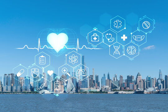 New York City skyline from New Jersey over the Hudson River towards Midtown Manhattan at day time. Health care digital medicine hologram. The concept of treatment and disease prevention