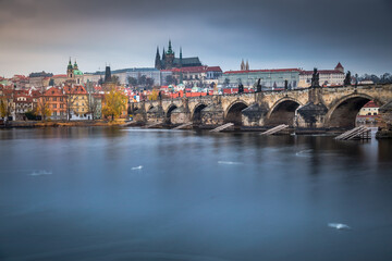 Panoramic view over the cityscape of Prague at dramatic sunset, Czech Republic