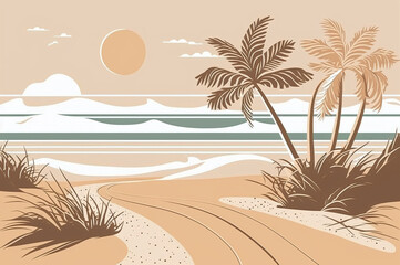 Fototapeta na wymiar Beach illustration with palm trees and waves