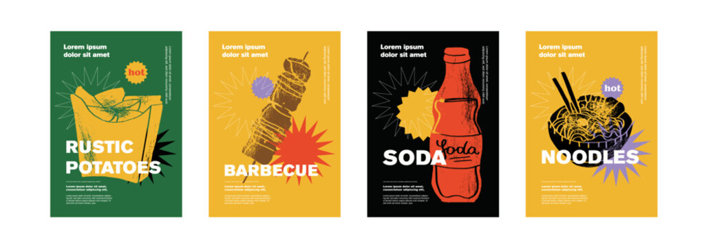 Rustic potatoes, soda, skewer, noddles. Price tag or poster design. Set of vector illustrations. Typography. Engraving style. Labels, cover, t-shirt print, painting.