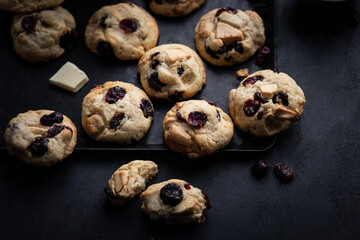 Cookies en gros plan fait maison au chocolat blanc et cranberries