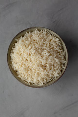 Homemade Cooked Basmati Rice in a Bowl, top view. Flat lay, overhead, from above.