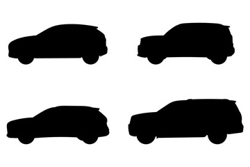 Set with 4 different silhouette types of suv cars in vector, side view. Doodle collection.