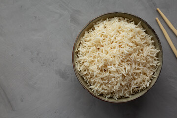 Homemade Cooked Basmati Rice in a Bowl, top view. Flat lay, overhead, from above. Space for text.