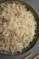 Homemade Cooked Basmati Rice in a Bowl, top view. Flat lay, overhead, from above. Close-up.