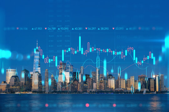 Skyline of New York City Financial Downtown Skyscrapers at night. Manhattan, NYC, USA. View from New Jersey. Forex candlestick graph hologram. The concept of internet trading, brokerage, analysis