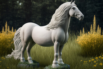 Naklejka na ściany i meble Horse statue in meadow with flowing mane and tail