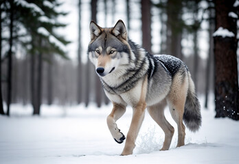 The Wolf runs imperceptibly trotting through the white snow. Generative AI.