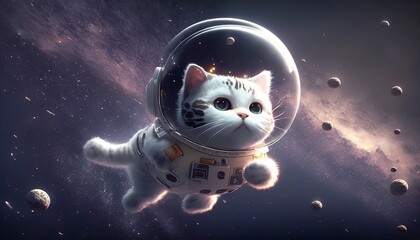 Cute little astronaut kitten floating in the space with a galaxy in the background. Generative AI