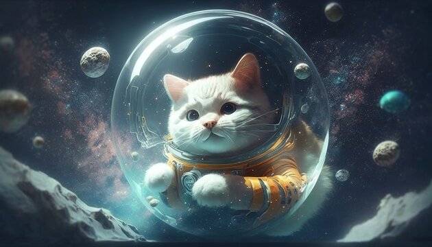 Cute little astronaut kitten floating in a bubbe in the space. Generative AI