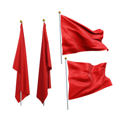 3d rendering of red coloured flag wavin fluttering and no fluttering perspective view