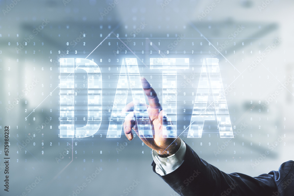 Poster man hand presses on virtual data word sign on blurred office background. multiexposure
