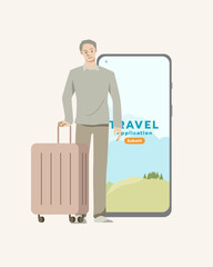 People with luggage book travel on the smartphone on travel applications.Trip planning.People online booking service.Business travel or tourism.Vector illustration.