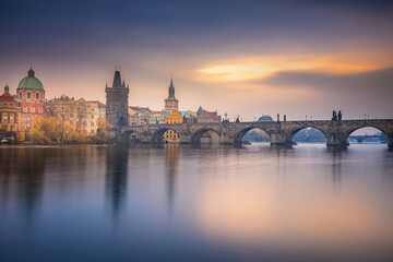 Panoramic view over the cityscape of Prague at dramatic dusk, Czech Republic