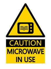 Caution, microwave in use. Warning yellow triangle sign with symbol and text below.