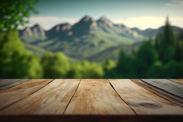 Empty table with landscape background. Generative AI