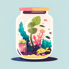 Jar with fish and seaweed, generative AI.