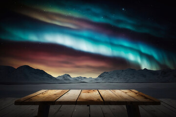 Empty wooden table with polar lights sky background. Generative AI
