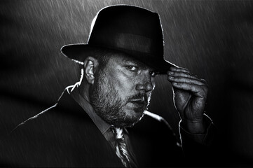 Man with fedora hat in the rain