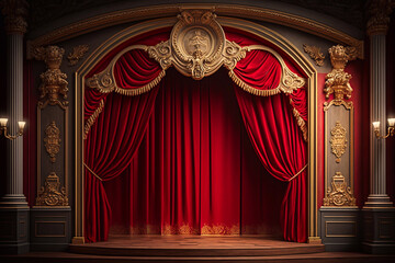 Theater stage with red curtain. Generative AI