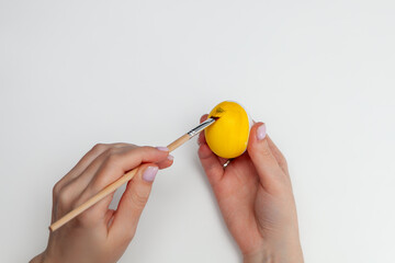 The hand holds a brush and paints an egg. The process of dyeing an Easter egg yellow. Brush in a woman's hand on a white background. tradition and people concept