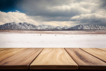 Empty wooden table with snow storm landscape background. Generative AI