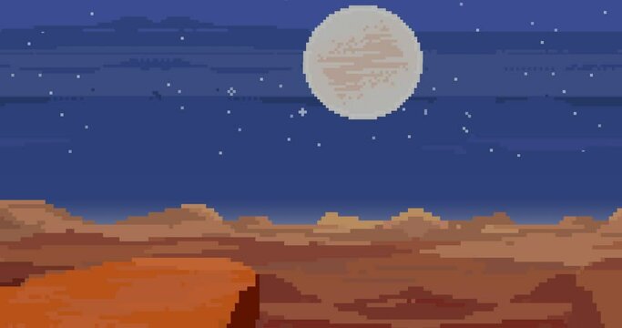 Pixel art of 80s Retro sci-Fi background. Night sky with stars. Pixel art animation footage. 8bit Loop