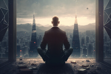 A businessperson sitting in lotus pose and meditating in a corporate ambience. Generative AI
