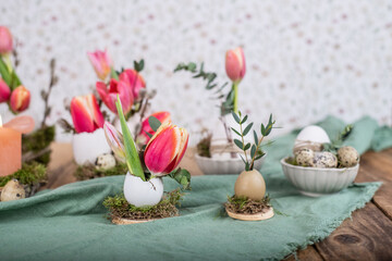Fototapeta na wymiar Osterdeko mit frischen Blumen, Tulpen zu Ostern
