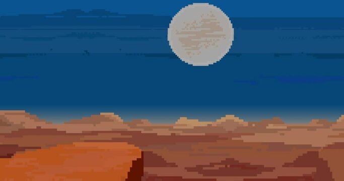 Pixel art of 80s Retro sci-Fi background. Night with clouds. Pixel art animation footage. 8bit Loop