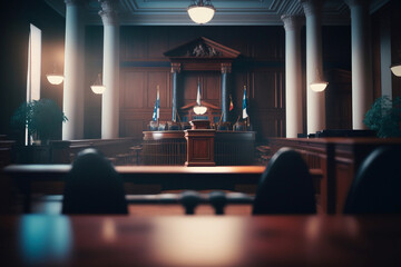 Plaintiff's seat within a court room, no people, traditional wooden courtroom. Generative AI - obrazy, fototapety, plakaty