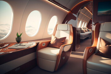 Modern airplane interiors, first class seats. Generative AI