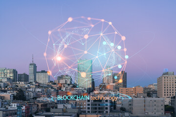 Fototapeta na wymiar Panoramic cityscape view of San Francisco Nob hill area, sunset, midtown skyline, California, United States. Decentralized economy. Blockchain, cryptography and cryptocurrency concept, hologram